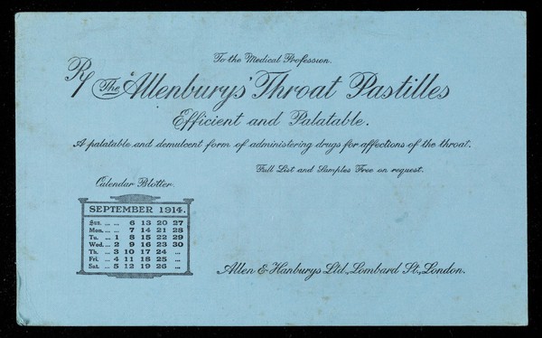 The 'Allenburys' throat pastilles : efficient and palatable : September 1914.