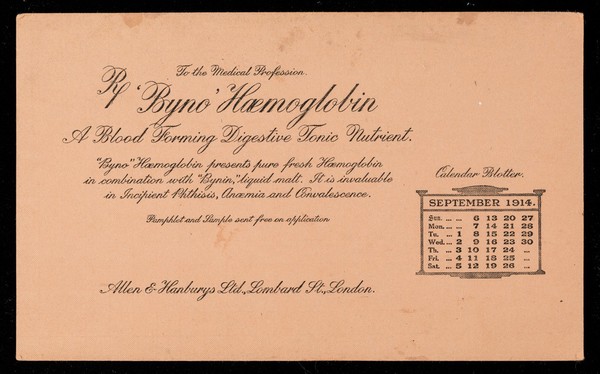 'Byno' Haemoglobin : a blood forming digestive tonic nutrient : September 1914.