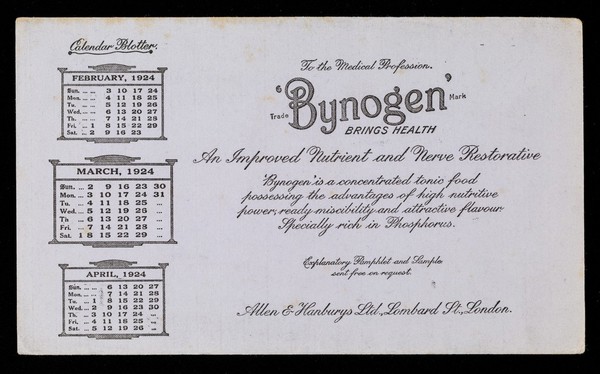 'Bynogen' brings health : an improved nutrient and nerve restorative : February 1924, March 1924, April 1924.