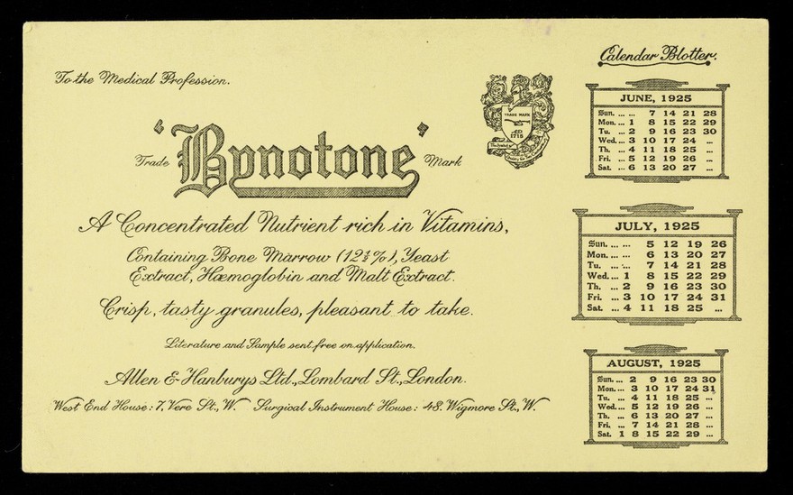 'Bynotone' : a concentrated nutrient rich in vitamins : June 1925, July 1925, August 1925.