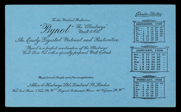 Bynol The 'Allenburys' malt & oil : an easily digested nutrient and restorative : December 1925, January 1926, February 1926.