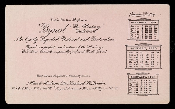 Bynol The 'Allenburys' malt & oil : an easily digested nutrient and restorative : December 1925, January 1926, February 1926.