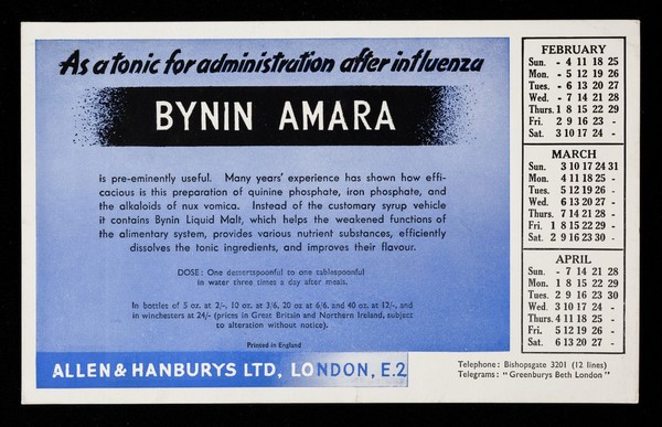 Bynin Amara : as a tonic for administration after influenza : February, March, April.