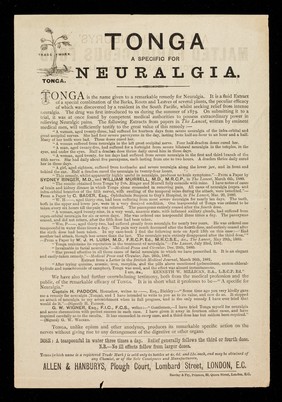 Allen & Hanburys' malted farinaceous food for infants (patented) : Tonga a specific for neuralgia.