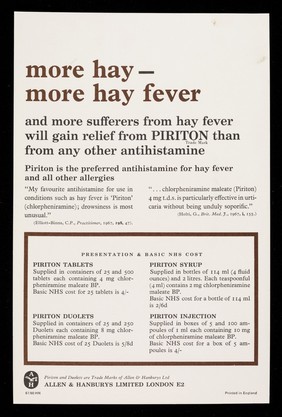 More hay - more hay fever and more sufferers from hay fever will gain relief from Piriton than from any other antihistamine : fulmar petrel.