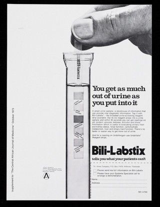 You get as much out of urine as you put into it, Bili-Labstix : just add blood! Ames/BMI Blood Analyser.
