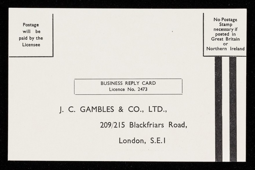 Business reply card / J.C. Gambles & Co., Ltd.