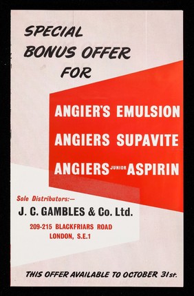 Special bonus offer for Angier's Emulsion, Angiers Supavite, Angiers Junior Aspirin.