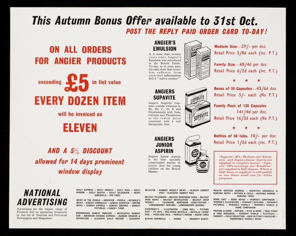 Special bonus offer for Angier's Emulsion, Angiers Supavite, Angiers Junior Aspirin.