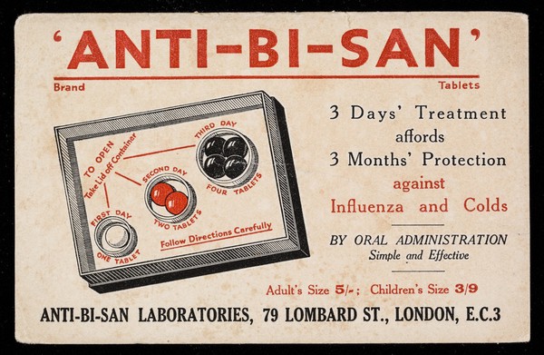 'Anti-Bi-San' tablets : 3 days' treatment affords 3 months' protection against influenza and colds.