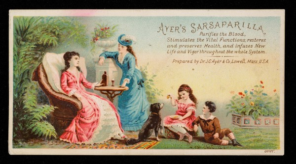 Ayer's Sarsaparilla purifies the blood, stimulates the vital functions, restores and preserves health ... / prepared by Dr. J.C. Ayer & Co., Lowell, Mass, U.S.A.