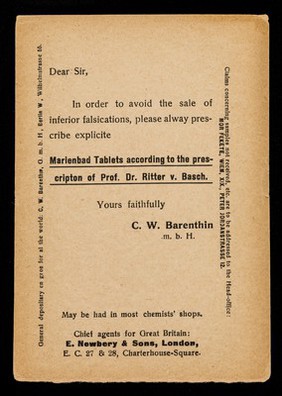 Please alway prescribe explicite Marienbad Tablets according to the prescription of Prof. Ritter v. Basch.