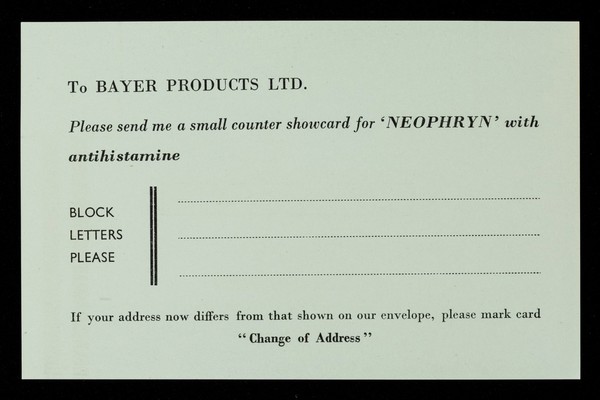 Business reply card : Bayer Products Ltd.