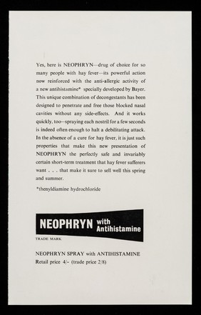 Increase your turnover this spring and summer : hay fever Neophryn - now with antihistamine new for hay fever.