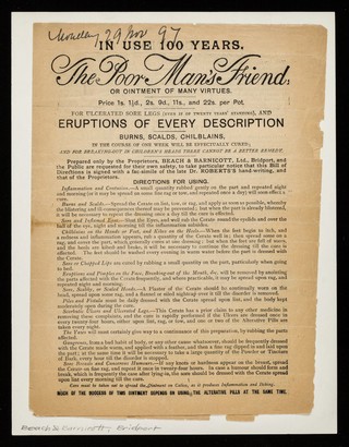 In use 100 years : The Poor Man's Friend or ointment of many virtues ; Pilula Antiscrophula or alterative pills.