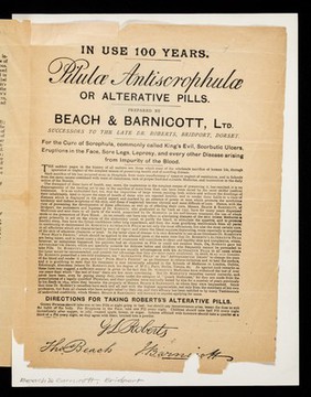 In use 100 years : The Poor Man's Friend or ointment of many virtues ; Pilula Antiscrophula or alterative pills.