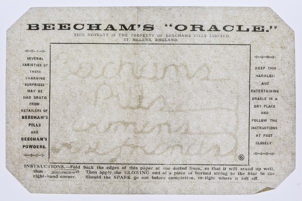 Beecham's "oracle" : this novelty is the property of Beechams Pills Limited, St. Helens, England : (registered trade mark no. 586676).