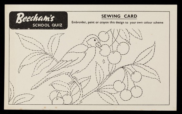 Beecham's school quiz : sewing card : embroider, paint or crayon this design to your own colour scheme.