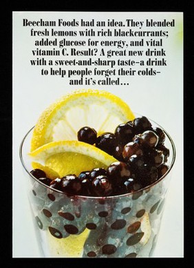 Beecham Foods had an idea. They blended fresh lemons with rich blackcurrants; added glucose for energy, and vital vitamin C. Result? A great new drink with a sweet-and-sharp taste - a drink to help people forget their colds - and it's called... : Lembena.