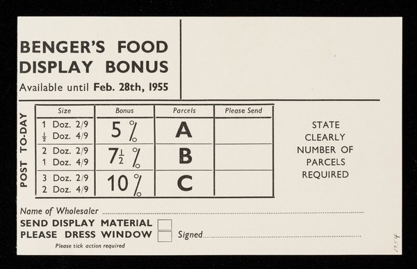 Benger's food display bonus : available until Feb. 28th, 1955.