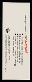 Duogastrone capsules "...heal duodenal ulcers in ambulant patients, without recourse to expensive and overloaded hospital facilities". Gut 1970, II, 171-175.