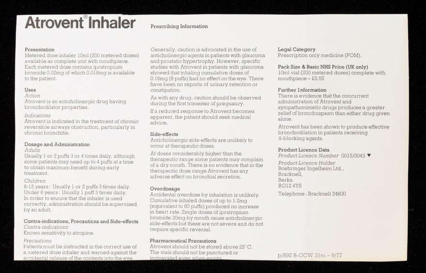 Atrovent Inhaler : prescribing information.