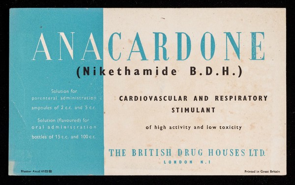 Anacardone (Nikethamide B.D.H.) : cardiovascular and respiratory stimulant of high activity and low toxicity.