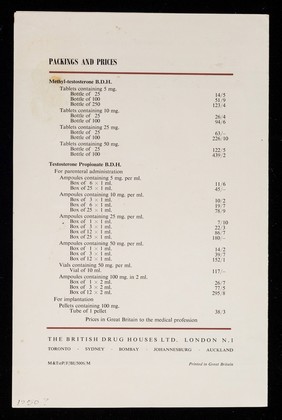 B.D.H. Androgens : methyl-testosterone B.D.H. Testosterone propionate B.D.H.