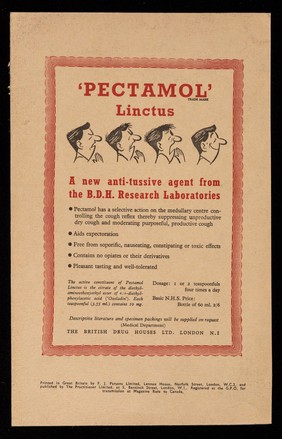 'Pectamol' Linctus : a new anti-tussive agent from the B.D.H. Research Laboratories : saving time in influenza, in colds : Fluscorbin.