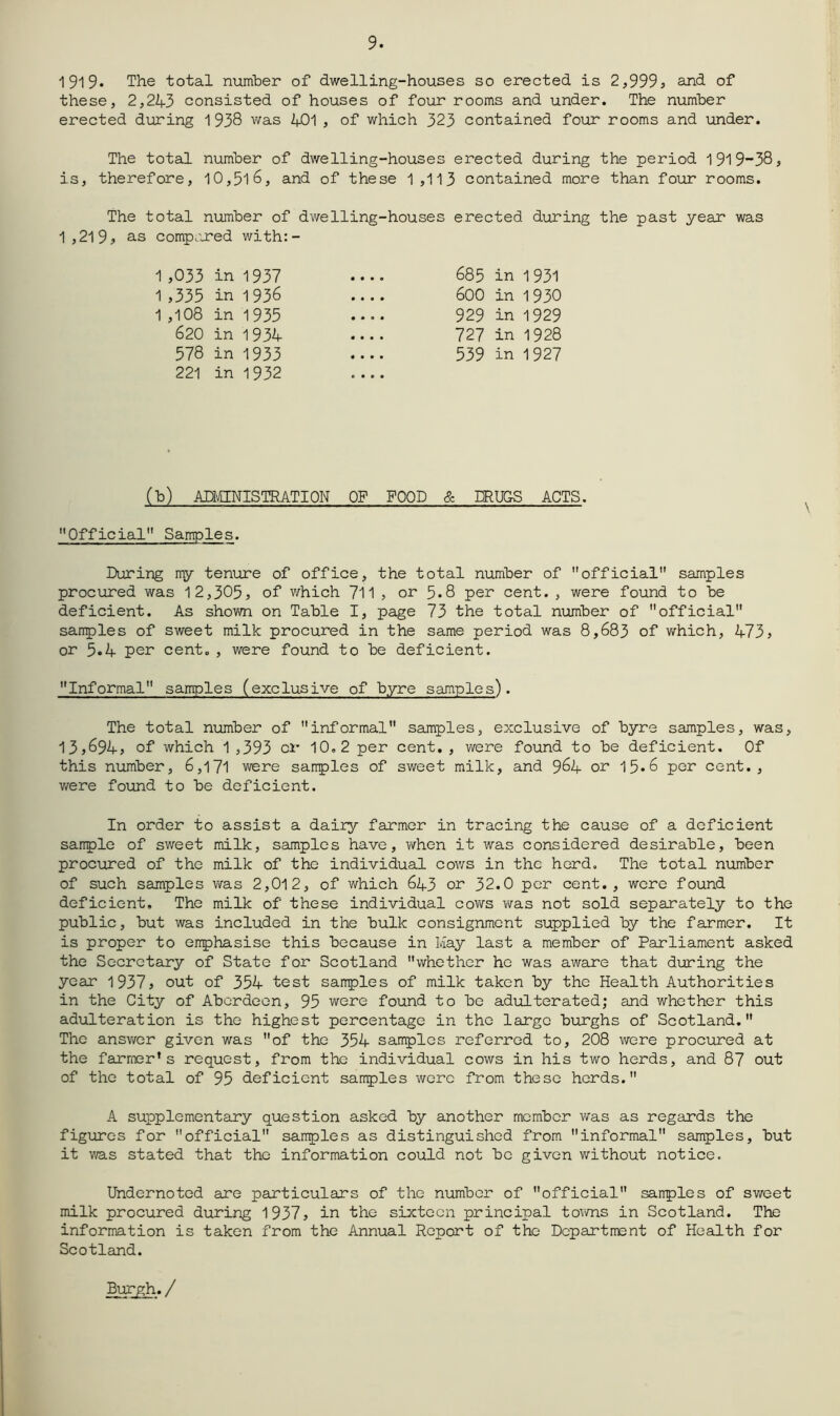 9. 1919* The total number of dwelling-houses so erected is 2,999> and of these, 2,2Zf3 consisted of houses of four rooms and under. The number erected during 1938 was 2^01 , of which 323 contained four rooms and under. The total number of dwelling-houses erected during the period 1919”38, is, therefore, 10,516, and of these 1 ,113 contained more than four rooms. The total number of dwelling-houses erected during the past year was 1,2l9^ as comp.'jred with:- 1 ,033 in 1937 1 ,335 in 1936 1 ,108 in 1935 620 in 1934 578 in 1933 221 in 1932 685 in 1931 600 in 1930 929 in 1929 727 in 1928 539 in 1927 (b) AnCCNISTRATION OP FOOD & DRUGS ACTS. Official Samples. During my tenure of office, the total number of official samples procured was 12,305, of which 711, or 5.8 per cent., were found to be deficient. As shovm on Table I, page 73 the total number of official sanples of sweet milk procured in the same period was 8,683 of which, 473? or 5.4 per cent., were found to be deficient. Informal samples (exclusive of byre samples). The total number of informal samples, exclusive of byre samples, was, 13,694? of which 1 ,393 or 10.2 per cent., were found to be deficient. Of this number, 6,171 were sairples of sweet milk, and 964 or 15.6 per cent., were found to be deficient. In order to assist a dairy farmer in tracing the cause of a deficient sanple of sweet milk, samples have, when it was considered desirable, been procured of the milk of the individual cov/s in the herd. The total number of such samples was 2,012, of which 643 or 32.0 per cent., were found deficient. The milk of these individual cows was not sold separately to the public, but was included in the bulk consignment supplied by the farmer. It is proper to enphasise this because in May last a member of Parliament asked the Secretary of State for Scotland whether he was aware that during the year 1937, out of 354 test sairples of milk taken by the Health Authorities in the City of Aberdeen, 95 were found to bo adulterated; and whether this adulteration is the highest percentage in the large brurghs of Scotland, The ansv/er given was of the 354 samples referred to, 208 were procured at the farmer’s request, from the individual cows in his two herds, and 87 out of the total of 95 deficient sairples were from these herds. A supplementary question asked by another member was as regards the figures for official sanples as distinguished from informal samples, but it was stated that the information could not be given without notice. Undernoted are particulars of the number of official sairples of sweet milk procured during 1937, in the sixteen principal tovms in Scotland. The information is taken from the Annual Report of the Department of Health for Scotland. Burgh./