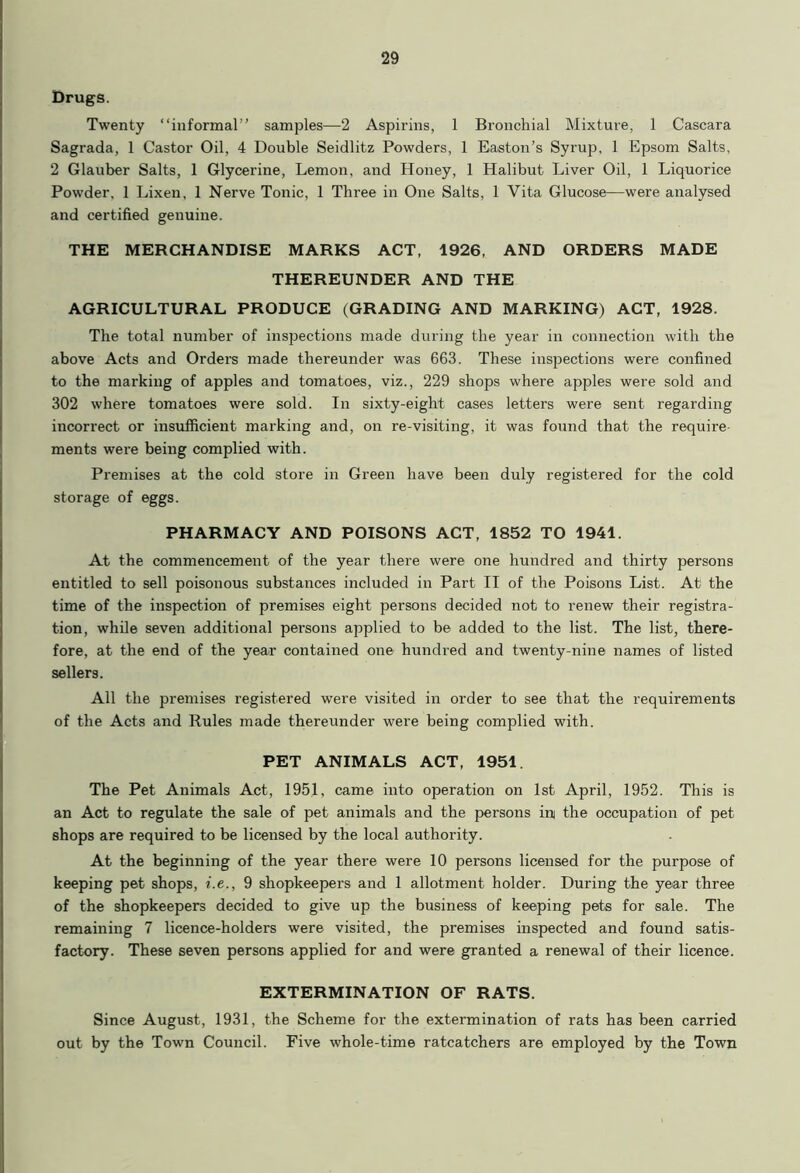 Drugs. Twenty “informal” samples—2 Aspirins, 1 Bronchial Mixture, 1 Cascara Sagrada, 1 Castor Oil, 4 Double Seidlitz Powders, 1 Easton’s Syrup, 1 Epsom Salts, 2 Glauber Salts, 1 Glycerine, Lemon, and Honey, 1 Halibut Liver Oil, 1 Liquorice Powder, 1 Lixen, 1 Nerve Tonic, 1 Three in One Salts, 1 Vita Glucose—were analysed and certified genuine. THE MERCHANDISE MARKS ACT, 1926, AND ORDERS MADE THEREUNDER AND THE AGRICULTURAL PRODUCE (GRADING AND MARKING) ACT, 1928. The total number of inspections made during the year in connection with the above Acts and Orders made thereunder was 663. These inspections were confined to the marking of apples and tomatoes, viz., 229 shops where apples were sold and 302 where tomatoes were sold. In sixty-eight cases letters were sent regarding incorrect or insufficient marking and, on re-visiting, it was found that the require ments were being complied with. Premises at the cold store in Green have been duly registered for the cold storage of eggs. PHARMACY AND POISONS ACT, 1852 TO 1941. At the commencement of the year there were one hundred and thirty persons entitled to sell poisonous substances included in Part II of the Poisons List. At the time of the inspection of premises eight persons decided not to renew their registra- tion, while seven additional persons applied to be added to the list. The list, there- fore, at the end of the year contained one hundred and twenty-nine names of listed sellers. All the premises registered were visited in order to see that the requirements of the Acts and Rules made thereunder were being complied with. PET ANIMALS ACT, 1951. The Pet Animals Act, 1951, came into operation on 1st April, 1952. This is an Act to regulate the sale of pet animals and the persons ini the occupation of pet shops are required to be licensed by the local authority. At the beginning of the year there were 10 persons licensed for the purpose of keeping pet shops, i.e., 9 shopkeepers and 1 allotment holder. During the year three of the shopkeepers decided to give up the business of keeping pets for sale. The remaining 7 licence-holders were visited, the premises inspected and found satis- factory. These seven persons applied for and were granted a renewal of their licence. EXTERMINATION OF RATS. Since August, 1931, the Scheme for the extermination of rats has been carried out by the Town Council. Five whole-time ratcatchers are employed by the Town