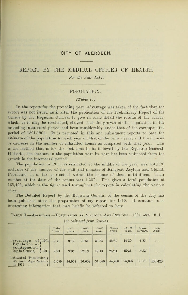 REPORT BY THE MEDICAL OFFICER OF HEALTH. For the Year 1911. POPULATION. (Table I.) In the report for the preceding year, advantage was taken of the fact that the report was not issued until after the publication of the Preliminary Report of the Census by the Registrar-General to give in some detail the results of the census, which, as it may be recollected, showed that the growth of the population in the preceding intercensal period had been considerably under that of the corresponding period of 1891-1901. It is proposed in this and subsequent reports to base the estimate of the population for each year on that of the census year, and the increase cr decrease in the number of inhabited houses as compared with that year. This is the method that is for the first time to be followed by the Registrar-General. Hitherto, the increase in the population year by year has been estimated from the growth in the intercensal period. The population in 1911, as estimated at the middle of the year, was 164,119, inclusive of the number of the staff and inmates of Kingseat Asylum and Oldmill Poorhouse, in so far as resident within the bounds of these institutions. Their number at the date of the census was 1,307. This gives a total population of 165,426, which is the figure used throughout the report in calculating the various rates. The Detailed Report by the Registrar-General of the census of the City has been published since the preparation of my report for 1910. It contains some interesting information that may briefly be referred to here. Table I,—Aberdeen.—Population at Various Age-Periods—1901 and 1911. (As estimated from Census.) Under 1-5 5—15 15-25 25—45 45—65 Above All 1 year. years. years. years. years. years. 65 years. Ages. Percentage of1 1901 2-71 9 72 21-61 20-58 26-35 14-20 4-83 Population at 1 each Agefaccord- j ing to Census) . ( 1911 2-23 9-03 22-13 19-13 26-84 15-31 5-33 Estimated Population ) at each Age-Period > in 1911 . . \ 3,689 14,938 36,609 31,646 44,400 25,327 8,817 165,426