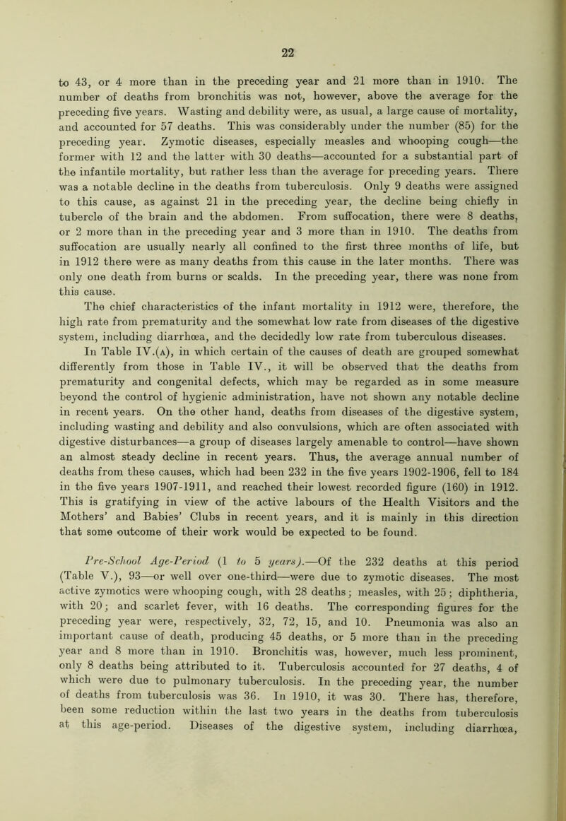 to 43, or 4 more than in the preceding year and 21 more than in 1910. The number of deaths from bronchitis was not, however, above the average for the preceding five years. Wasting and debility were, as usual, a large cause of mortality, and accounted for 57 deaths. This was considerably under the number (85) for the preceding year. Zymotic diseases, especially measles and whooping cough—the former with 12 and the latter with 30 deaths—accounted for a substantial part of the infantile mortality, but rather less than the average for preceding years. There was a notable decline in the deaths from tuberculosis. Only 9 deaths were assigned to this cause, as against 21 in the preceding year, the decline being chiefly in tubercle of the brain and the abdomen. From suffocation, there were 8 deaths, or 2 more than in the preceding year and 3 more than in 1910. The deaths from suffocation are usually nearly all confined to the first three months of life, but in 1912 there were as many deaths from this cause in the later months. There was only one death from burns or scalds. In the preceding year, there was none from this cause. The chief characteristics of the infant mortality in 1912 were, therefore, the high rate from prematurity and the somewhat low rate from diseases of the digestive system, including diarrhoea, and the decidedly low rate from tuberculous diseases. In Table IV.(a), in which certain of the causes of death are grouped somewhat differently from those in Table IV., it will be observed that the deaths from prematurity and congenital defects, which may be regarded as in some measure beyond the control of hygienic administration, have not shown any notable decline in recent years. On the other hand, deaths from diseases of the digestive system, including wasting and debility and also convulsions, which are often associated with digestive disturbances—a group of diseases largely amenable to control—have shown an almost steady decline in recent years. Thus, the average annual number of deaths from these causes, which had been 232 in the five years 1902-1906, fell to 184 in the five years 1907-1911, and reached their lowest recorded figure (160) in 1912. This is gratifying in view of the active labours of the Health Visitors and the Mothers’ and Babies’ Clubs in recent years, and it is mainly in this direction that some outcome of their work would be expected to be found. Pre-School Age-Period (1 to 5 years).—Of the 232 deaths at this period (Table V.), 93—or well over one-third—were due to zymotic diseases. The most active zymotics were whooping cough, with 28 deaths; measles, with 25; diphtheria, with 20; and scarlet fever, with 16 deaths. The corresponding figures for the preceding year were, respectively, 32, 72, 15, and 10. Pneumonia was also an important cause of death, producing 45 deaths, or 5 more than in the preceding year and 8 more than in 1910. Bronchitis was, however, much less prominent, only 8 deaths being attributed to it. Tuberculosis accounted for 27 deaths, 4 of which were due to pulmonary tuberculosis. In the preceding year, the number of deaths from tuberculosis was 36. In 1910, it was 30. There has, therefore, been some reduction within the last two years in the deaths from tuberculosis at this age-period. Diseases of the digestive system, including diarrhoea,