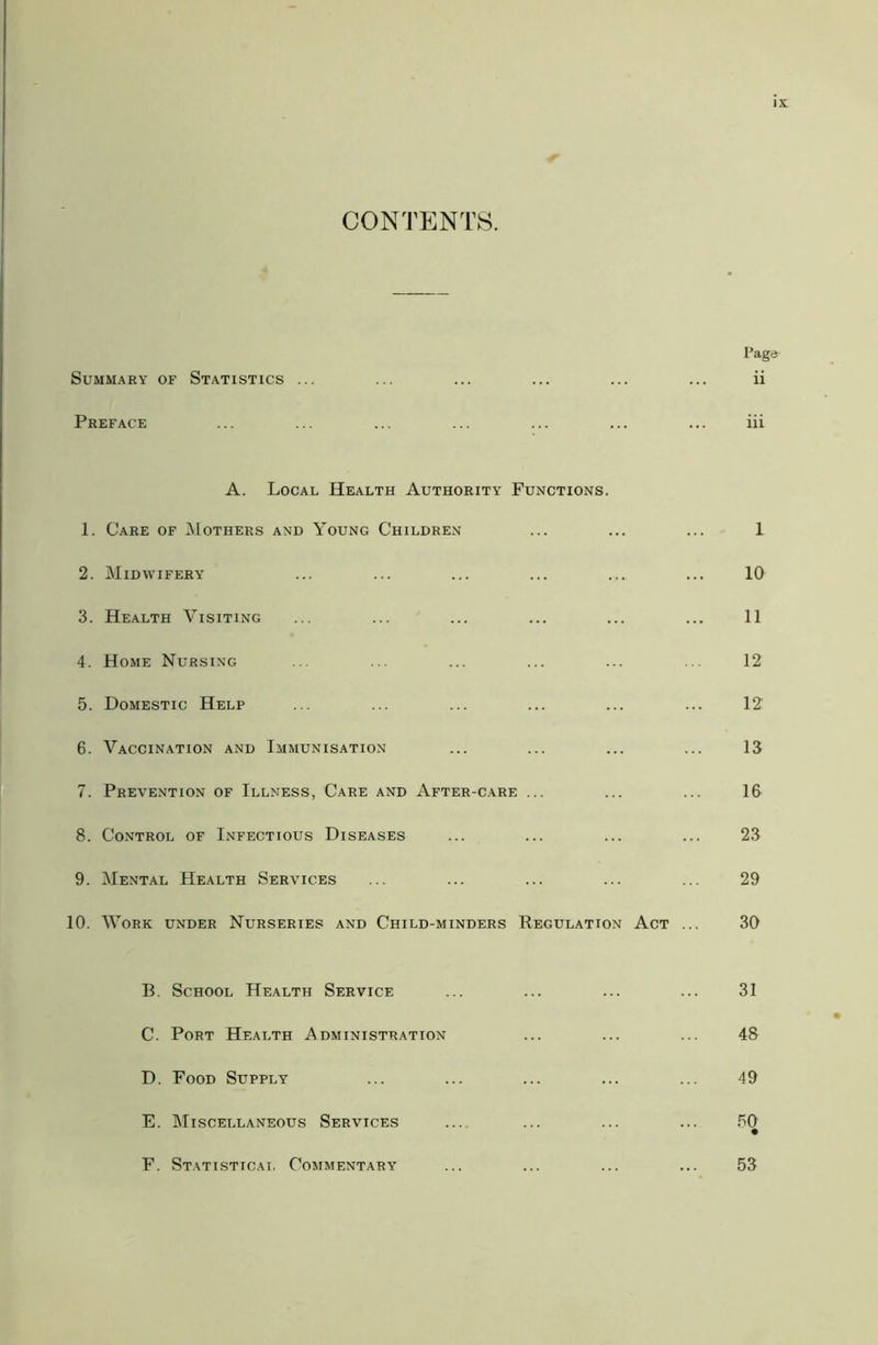 CONTENTS. Page Summary of Statistics ... ... ... ... ... ... ii Preface ... ... ... ... ... ... ... iii A. Local Health Authority Functions. 1. Care of Mothers and Young Children ... ... ... 1 2. Midwifery ... ... ... ... ... ... 10 3. Health Visiting ... ... ... ... ... ... 11 4. Home Nursing ... ... ... ... ... ... 12 5. Domestic Help ... ... ... ... ... ... 12 6. Vaccination and Immunisation ... ... ... ... 13 7. Prevention of Illness, Care and After-care ... ... ... 16 8. Control of Infectious Diseases ... ... ... ... 23 9. Mental Health Services ... ... ... ... ... 29 10. Work under Nurseries and Child-minders Regulation Act ... 30 B. School Health Service ... ... ... ... 31 C. Port Health Administration ... ... ... 48 D. Food Supply ... ... ... ... ... 49 E. Miscellaneous Services ... ... ... ... 50 • F. Statistical Commentary ... ... ... ... 53