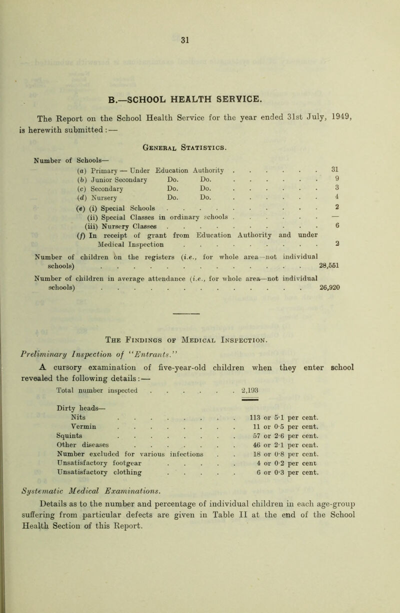 B.—SCHOOL HEALTH SERVICE. The Report on the School Health Service for the year ended 31st July, 1949, is herewith submitted : — General Statistics. Number of Schools— (a) Primary — Under Education Authority 31 (b) Junior Secondary Do. Do. 9 (c) Secondary Do. Do. 3 (d) Nursery Do. Do. 4 (e) (i) Special Schools 2 (ii) Special Classes in ordinary schools — (iii) Nursery Classes 6 (/) In receipt of grant from Education Authority and under Medical Inspection 2 Number of children on the registers (i.efor whole area -not schools) ndividual 28,561 Number of children in average attendance (i.e., for whole area—not individual schools) 26,920 The Findings of Medical Inspection. Preliminary Inspection of “Entrants A cursory examination of five-year-old children when they enter school revealed the following details : — Total number inspected ‘2,193 Dirty heads— Nits 113 or 51 per cent. Vermin 11 or 0-5 per cent. Squints 57 or 2-6 per cent. Other diseases 46 or 2-1 per cent. Number excluded for various infections . . 18 or 0-8 per cent. Unsatisfactory footgear ..... 4 or 0 2 per cent Unsatisfactory clothing ..... 6 or 0-3 per cent. Systematic Medical Examinations. Details as to the number and percentage of individual children in each age-group suffering from particular defects are given in Table II at the end of the School Health Section of this Report.