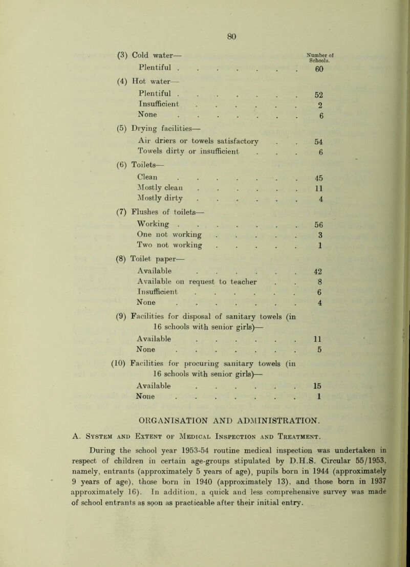 (3) Cold water— Number of Schools. Plentiful ....... 60 (4) Hot water—- Plentiful ....... 52 Insufficient ...... 2 None ....... 6 (5) Drying facilities— Air driers or towels satisfactory . . 54 Towels dirty or insufficient ... 6 (6) Toilets— Clean ....... 45 Mostly clean . . . . . . 11 Mostly dirty ...... 4 (7) Flushes of toilets— Working ....... 56 One not working ..... 3 Two not working ..... 1 (8) Toilet paper— Available ...... 42 Available on request to teacher . . 8 Insufficient ...... 6 None ....... 4 (9) Facilities for disposal of sanitary towels (in 16 schools with senior girls)— Available . . . . . . 11 None ....... 5 (10) Facilities for procuring sanitary towels (in 16 schools with senior girls)— Available ...... 15 None ....... 1 ORGANISATION AND ADMINISTRATION. A. System and Extent of Medical Inspection and Treatment. During the school year 1953-54 routine medical inspection was undertaken in respect of children in certain age-groups stipulated by D.H.S. Circular 55/1953, namely, entrants (approximately 5 years of age), pupils born in 1944 (approximately 9 years of age), those born in 1940 (approximately 13), and those born in 1937 approximately 16). In addition, a quick and less comprehensive survey was made of school entrants as soon as practicable after their initial entry.