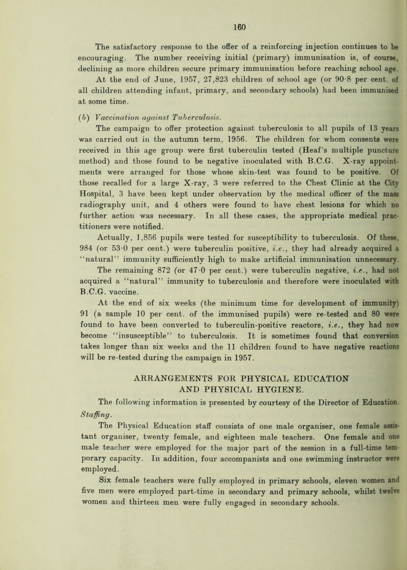 The satisfactory response to the offer of a reinforcing injection continues to be encouraging. The number receiving initial (primary) immunisation is, of course, declining as more children secure primary immunisation before reaching school age. At the end of June, 1957, 27,823 children of school age (or 90-8 per cent, of all children attending infant, primary, and secondary schools) had been immunised at some time. (b) Vaccination against Tuberculosis. The campaign to offer protection against tuberculosis to all pupils of 13 years was carried out in the autumn term, 1956. The children for whom consents were received in this age group were first tuberculin tested (Heaf’s multiple puncture method) and those found to be negative inoculated with B.C.G. X-ray appoint- ments were arranged for those whose skin-test was found to be positive. Of those recalled for a large X-ray, 3 were referred to the Chest Clinic at the City Hospital, 3 have been kept under observation by the medical officer of the mass radiography unit, and 4 others were found to have chest lesions for which no further action was necessary. In all these cases, the appropriate medical prac- titioners were notified. Actually, 1,856 pupils were tested for susceptibility to tuberculosis. Of these, 984 (or 53 0 per cent.) were tuberculin positive, i.e., they had already acquired a “natural” immunity sufficiently high to make artificial immunisation unnecessary. The remaining 872 (or 47-0 per cent.) were tuberculin negative, i.e., had not acquired a “natural” immunity to tuberculosis and therefore were inoculated with B.C.G. vaccine. At the end of six weeks (the minimum time for development of immunity) 91 (a sample 10 per cent, of the immunised pupils) were re-tested and 80 were found to have been converted to tuberculin-positive reactors, i.e., they had now become “insusceptible” to tuberculosis. It is sometimes found that conversion takes longer than six weeks and the 11 children found to have negative reactions will be re-tested during the campaign in 1957. ARRANGEMENTS FOR PHYSICAL EDUCATION AND PHYSICAL HYGIENE. The following information is presented by courtesy of the Director of Education. Staffing. The Physical Education staff consists of one male organiser, one female assis- tant organiser, twenty female, and eighteen male teachers. One female and one male teacher were employed for the major part of the session in a full-time tem- porary capacity. In addition, four accompanists and one swimming instructor were employed. Six female teachers were fully employed in primary schools, eleven women and five men were employed part-time in secondary and primary schools, whilst twelve women and thirteen men were fully engaged in secondary schools.