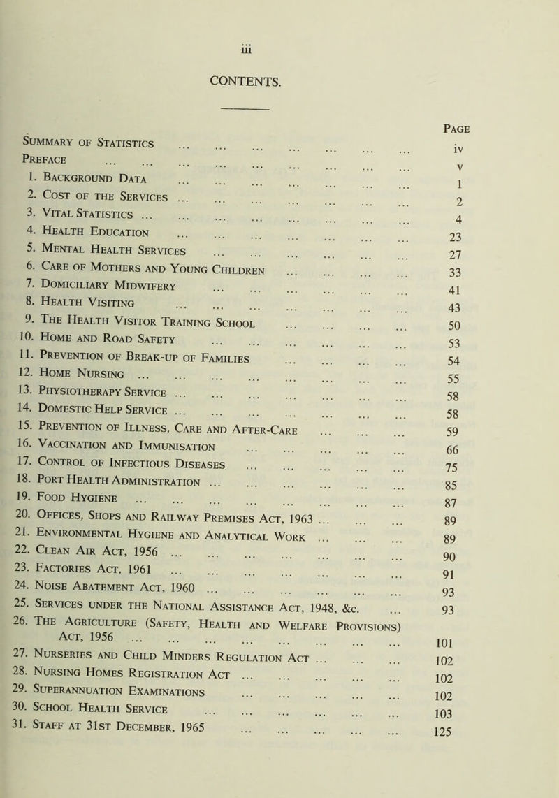 CONTENTS. Summary of Statistics Preface 1. Background Data 2. Cost of the Services 3. Vital Statistics 4. Health Education 5. Mental Health Services 6. Care of Mothers and Young Children 7. Domiciliary Midwifery 8. Health Visiting 9. The Health Visitor Training School 10. Home and Road Safety 11. Prevention of Break-up of Families 12. Home Nursing 13. Physiotherapy Service 14. Domestic Help Service 15. Prevention of Illness, Care and After-Care 16. Vaccination and Immunisation 17. Control of Infectious Diseases 18. Port Health Administration 19. Food Hygiene 20. Offices, Shops and Railway Premises Act, 1963 21. Environmental Hygiene and Analytical Work 22. Clean Air Act, 1956 23. Factories Act, 1961 24. Noise Abatement Act, 1960 25. Services under the National Assistance Act, 1948, &c. 26. The Agriculture (Safety, Health and Welfare Act, 1956 Provisions) 27. Nurseries and Child Minders Regulation Act 28. Nursing Homes Registration Act 29. Superannuation Examinations 30. School Health Service 31. Staff at 31st December, 1965 Page iv v 1 2 4 23 27 33 41 43 50 53 54 55 58 58 59 66 75 85 87 89 89 90 91 93 93 101 102 102 102 103 125