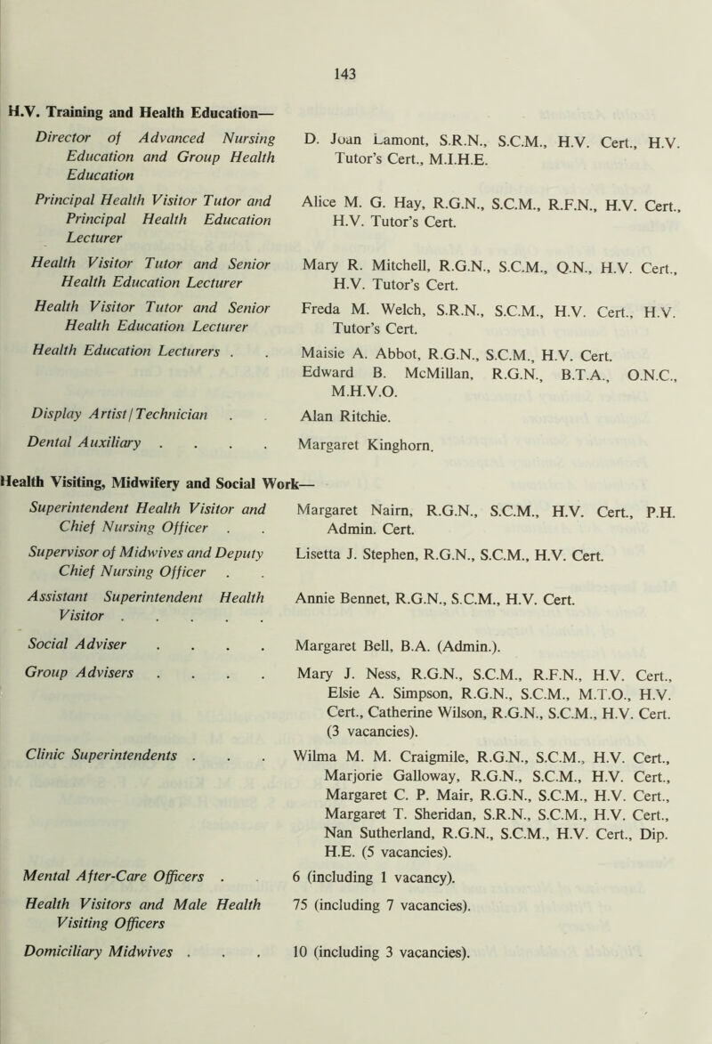 H.V. Training and Health Education— Director of Advanced Nursing Education and Group Health Education Principal Health Visitor Tutor and Principal Health Education Lecturer D. Juan Lamont, S.R.N., S.C.M., H.V. Cert., H.V. Tutor’s Cert., M.I.H.E. Alice M. G. Hay, R.G.N., S.C.M., R.F.N., H.V. Cert., H.V. Tutor’s Cert. Health Visitor Tutor and Senior Health Education Lecturer Health Visitor Tutor and Senior Health Education Lecturer Health Education Lecturers . Display A rtist / Technician Mary R. Mitchell, R.G.N., S.C.M., Q.N., H.V. Cert., H.V. Tutor’s Cert. Freda M. Welch, S.R.N., S.C.M., H.V. Cert., H.V. Tutor’s Cert. Maisie A. Abbot, R.G.N., S.C.M., H.V. Cert. Edward B. McMillan, R.G.N., B.T.A., O.N.C., M.H.V.O. Alan Ritchie. Dental Auxiliary Margaret Kinghorn. Health Visiting, Midwifery and Social Work— Superintendent Health Visitor and Chief Nursing Officer Supervisor of Midwives and Deputy Chief Nursing Officer Assistant Superintendent Health Visitor Margaret Nairn, R.G.N., S.C.M., H.V. Cert., Admin. Cert. Lisetta J. Stephen, R.G.N., S.C.M., H.V. Cert. Annie Bennet, R.G.N., S.C.M., H.V. Cert. P.H. Social Adviser Group Advisers Clinic Superintendents . Mental After-Care Officers . Health Visitors and Male Health Visiting Officers Domiciliary Midwives . Margaret Bell, B.A. (Admin.). Mary J. Ness, R.G.N., S.C.M., R.F.N., H.V. Cert., Elsie A. Simpson, R.G.N., S.C.M., M.T.O., H.V. Cert., Catherine Wilson, R.G.N., S.C.M., H.V. Cert. (3 vacancies). Wilma M. M. Craigmile, R.G.N., S.C.M., H.V. Cert., Marjorie Galloway, R.G.N., S.C.M., H.V. Cert., Margaret C. P. Mair, R.G.N., S.C.M., H.V. Cert., Margaret T. Sheridan, S.R.N., S.C.M., H.V. Cert., Nan Sutherland, R.G.N., S.C.M., H.V. Cert., Dip. H.E. (5 vacancies). 6 (including 1 vacancy). 75 (including 7 vacancies). 10 (including 3 vacancies).