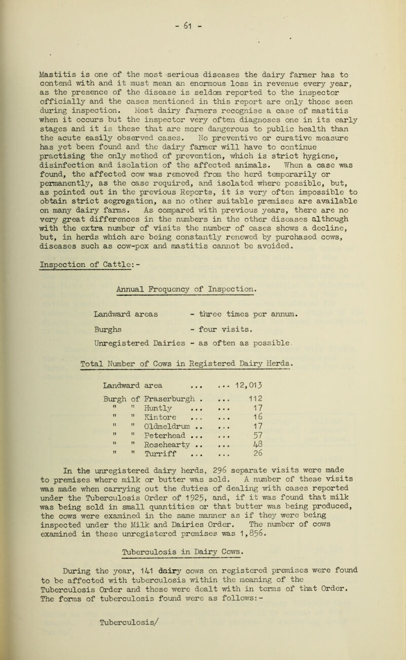 - 61 - Mastitis is one of the most serious diseases the dairy farmer has to contend with and it must mean an enormous loss in revenue every year, as the presence of the disease is seldom reported to the inspector officially and the cases mentioned in this report are only those seen during inspection. Most dairy farmers recognise a case of mastitis when it occurs but the inspector very often diagnoses one in its early stages and it is these that are more dangerous to public health than the acute easily observed cases. No preventive or curative measure has yet been found and the dairy farmer will have to continue practising the only method of prevention, which is strict hygiene, disinfection and isolation of the affected animals. When a case was found, the affected cowr was removed from the herd temporarily or permanently, as the case required, and isolated where possible, but, as pointed out in the previous Reports, it is very often impossible to obtain strict segregation, as no other suitable premises are available on many dairy farms. As compared with previous years, there are no very great differences in the numbers in the other diseases although with the extra number of visits the number of cases shows a decline, but, in herds which are being constantly renewed by purchased cows, diseases such as cow-pox and mastitis cannot be avoided. Inspection of Cattle:- Annual Frequency of Inspection. Landward areas - three times per annum. Burghs - four visits. Unregistered Dairies - as often as possible Total Number of Cows in Registered Dairy Herds. Landward area ... 12,013 Burgh of Fraserburgh . 112 II I! Huntly 17 II It Kintore 16 II It Oldmeldrum .. 17 It II Peterhead ... 57 II II Rosehearty .. 48 II It Turriff 26 In the unregistered dairy herds, 296 separate visits were made to premises where milk or butter was sold. A number of these visits was made when carrying out the duties of dealing with cases reported under the Tuberculosis Order of 1925> and, if it was found that milk was being sold in small quantities or that butter was being produced, the cows were examined in the same manner as if they were being inspected under the Milk and Dairies Order. The number of cows examined in these unregistered premises was 1,856. Tuberculosis in Dairy Cows. During the year, 141 dairy cows on registered premises were found to be affected with tuberculosis within the meaning of the Tuberculosis Order and these were dealt with in terms of that Order. The forms of tuberculosis found were as follows:- Tub er c ul o s i s/
