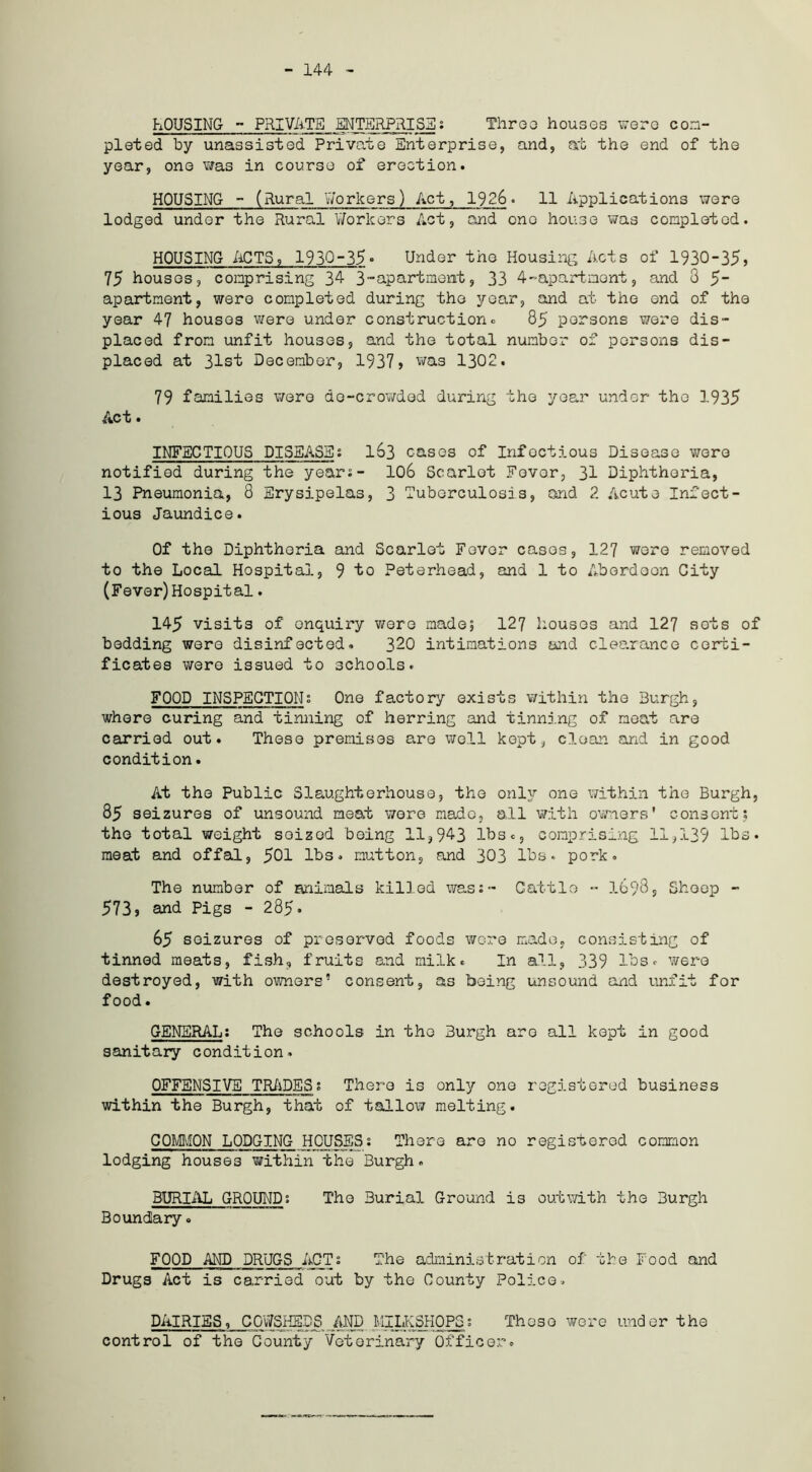 - 144 LOUSING - PRIVATE ENTERPRISE]. Throo houses were con- plated by unassisted Private Enterprise, and, at the end of the year, one was in course of erection. HOUSING - (Rural Workers) Act, 1926. 11 Applications were lodged under the Rural Workers Act, and ono house was completed. HOUSING ACTS, 1930-35° Under the Housing Acts of 1930-35? 75 houses, comprising 34 3-apartment, 33 4-apartment, and 3 5” apartment, were completed during the year, and at the end of the year 47 houses were under construction. 85 persons were dis- placed from unfit houses, and the total number of persons dis- placed at 31st December, 1937? was 1302. 79 families were do-crowded during the year under the 1935 Act. INFECTIOUS DISEASE; 163 cases of Infectious Disease were notified during the years- 106 Scarlet Fovor, 31 Diphtheria, 13 Pneumonia, 8 Erysipelas, 3 Tuberculosis, and 2 Acute Infect- ious Jaundice. Of the Diphtheria and Scarlet Fovor cases, 127 wore removed to the Local Hospital, 9 to Peterhead, and 1 to Aberdeen City (Fever) Hospital. 145 visits of enquiry were made; 127 houses and 127 sots of bedding were disinfected. 320 intimations and clearance certi- ficates were issued to schools. FOOD INSPECTION; One factory exists within the Burgh, whore curing and tinning of herring and tinning of meat are carried out. These premises are well kept, clean and in good condition. At the Public Slaughterhouse, the only one within the Burgh, 85 seizures of unsound meat wore made, all with owners' consent5 the total weight seized being 11,943 lbs*, comprising 11,139 lbs. meat and offal, 501 lbs. mutton, and 303 lbs. pork. The number of animals killed was:- Cattle - 1593, Sheep - 573 9 and Pigs - 285* 65 seizures of preserved foods wore made, consisting of tinned meats, fish, fruits and milk* In all, 339 lbs* were destroyed, with owners’ consent, as being unsound and unfit for food. GENERAL: The schools in the Burgh are all kept in good sanitary condition. OFFENSIVE TRADES: There is only one registered business within the Burgh, that of tallow melting. COMMON LODGING HOUSES: There are no registered common lodging houses within the Burgh. BURIAL GROUND: The 3urial Ground is outwith the Burgh Boundary. FOOD AND DRUGS ACT: The administration of the Food and Drugs Act is carried out by the County Police. DAIRIES, COWSHEDS AND MILKSHOPS: Those were under the control of the County Veterinary Officer.