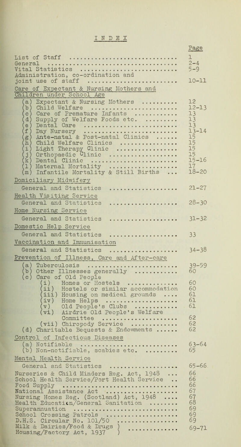 INDEX Page List of Staff O. 0000090.. .00..000..0000.0.9. 1 General .................................... 2-4 Vital Statistics 5-9 Administration, co-ordination and joint use of staff 10-11 Care of Expectant & Nursing Mothers and Children under School Age (a) Expectant & Nursing Mothers 12 (To) Child Welfare ........................ 12-13 (c) Care of Premature Infants 13 (d) Supply of Welfare Poods etc. ......... 13 (e) Dental Care 13 (f ) Day Nursery 13-14 (g) Ante-natal & Post-natal Clinics ...... 15 (h) Child Welfare Clinics 15 (i) Light Therapy Clinic 15 (j) Orthopaedic Clinic 15 (k) Dental Clinic 15-16 (l) Maternal Mortality 17 (m) Infantile Mortality & Still Births ... 18-20 Domiciliary Midwifery General and Statistics 21-27 Health Visiting Service General and Statistics . 28-30 Home Nursing Service General and Statistics . 31-32 Domestic Help Service General and Statistics 33 Vaccination and Immunisation General and Statistics 34-38 Prevention of Illness, Care and After-care (a) Tuberculosis 39-59 (b) Other Illnesses generally ............ 60 (c) Care of Old People (i) Homes or Hostels .............. 60 (ii) Hostels or similar accommodation 60 (iii) Housing on medical grounds .... 61 (iv) Home Helps 61 (v) Old People's Clubs 61 (vi) Airdrie Old People's V/elfare Committee 62 (vii) Chiropody Service ............. 62 (d) Charitable Bequests & Endowments 62 Control of Infectious Diseases (a) Notifiable ........................... 63-64 (b) Non-notifiable, scabies etc. ......... 65 Mental Health Service General and Statistics ................... 65-66 Nurseries & Child Minders Reg. Act, 1948 ... 66 School Health Service/Port Health Service .. 66 Food Supply 66 National Assistance Act 67 Nursing Homes Reg. (Scotland) Act, 1948 .... 67 Health Educaticn/General Sanitation ........ 68 Superannuation 69 School Crossing Patrols 69 D.H.S. Circular No. 101/50 69 Milk & Dairies/Food & Drugs ) . ^ ^ 69-71 Housing/Factory Act, 1937 )