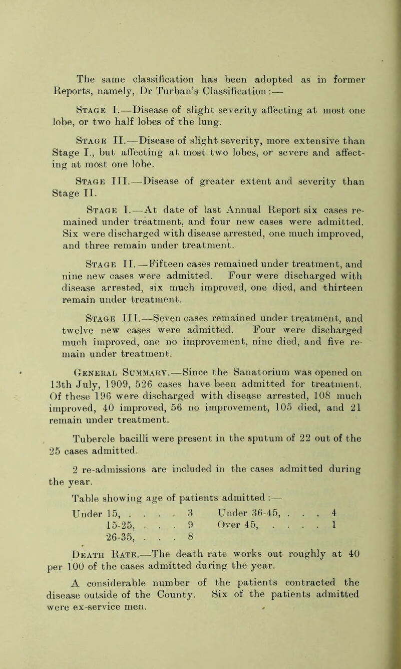 Reports, namely, Dr Turban’s Classification:— Stage I.—Disease of slight severity affecting at most one lobe, or two half lobes of the lung. Stage II.—Disease of slight severity, more extensive than Stage I., but affecting at most two lobes, or severe and affect- ing at most one lobe. Stage III.—Disease of greater extent and severity than Stage II. Stage I.—At date of last Annual Report six cases re- mained under treatment, and four new cases were admitted. Six were discharged with disease arrested, one much improved, and three remain under treatment. Stage II.—Fifteen cases remained under treatment, and nine new cases were admitted. Four were discharged with disease arrested, six much improved, one died, and thirteen remain under treatment. Stage III.—Seven cases remained under treatment, and twelve new cases were admitted. Four were discharged much improved, one no improvement, nine died, and five re- main under treatment. General Summary.—Since the Sanatorium was opened on 13th July, 1909, 526 cases have been admitted for treatment. Of these 196 were discharged with disease arrested, 108 much improved, 40 improved, 56 no improvement, 105 died, and 21 remain under treatment. Tubercle bacilli were present in the sputum of 22 out of the 25 cases admitted. 2 re-admissions are included in the cases admitted during the year. Table showing age of patients admitted :— Under 15, .... 3 Under 36-45, ... 4 15-25, ... 9 Over 45, .... 1 26-35, ... 8 Death Rate.—The death rate works out roughly at 40 per 100 of the cases admitted during the year. A considerable number of the patients contracted the disease outside of the County. Six of the patients admitted were ex-service men.