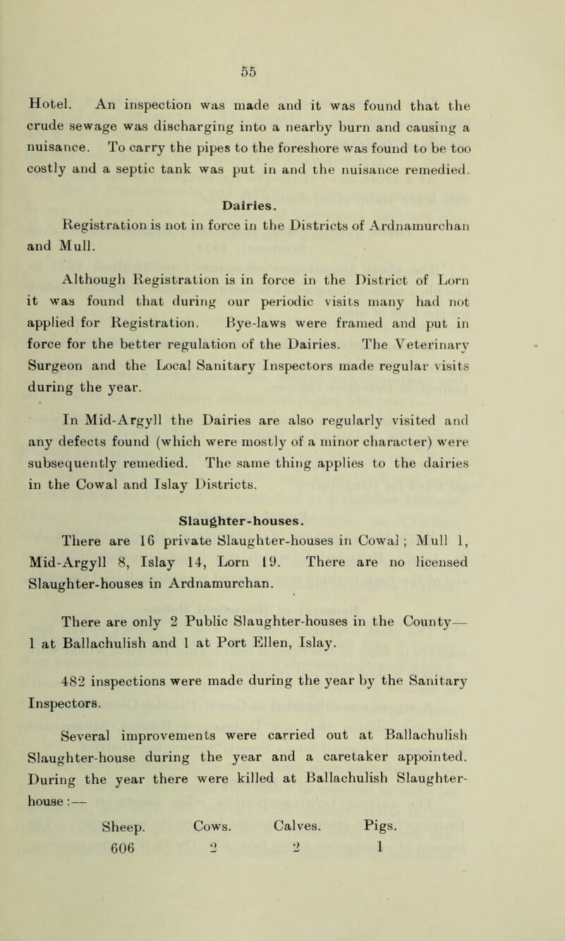 Hotel. An inspection was made and it was found that the crude sewage was discharging into a nearby burn and causing a nuisance. To carry the pipes to the foreshore was found to be too costly and a septic tank was put in and the nuisance remedied. Dairies. Registration is not in force in the Districts of Ardnamurchan and Mull. Although Registration is in force in the District of Lorn it was found that during our periodic visits many had not applied for Registration. Bye-laws were framed and put in force for the better regulation of the Dairies. The Veterinary Surgeon and the Local Sanitary Inspectors made regular visits during the year. In Mid-Argyll the Dairies are also regularly visited and any defects found (which were mostly of a minor character) were subsequently remedied. The same thing applies to the dairies in the Cowal and Islay Districts. Slaughter-houses. There are 16 private Slaughter-houses in Cowal ; Mull 1, Mid-Argyll 8, Islay 14, Lorn ID. There are no licensed Slaughter-houses in Ardnamurchan. There are only 2 Public Slaughter-houses in the County— 1 at Ballachulish and 1 at Port Ellen, Islay. 482 inspections were made during the year by the Sanitary Inspectors. Several improvements were carried out at Ballachulish Slaughter-house during the year and a caretaker appointed. During the year there were killed at Ballachulish Slaughter- house : — Sheep. Cows. Calves. Pigs. 606 2 2 1