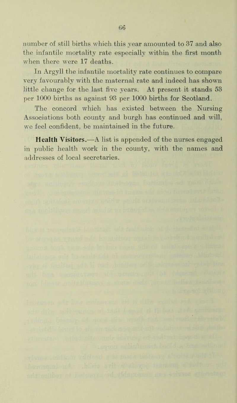 (16 number of still births which this year amounted to 37 and also the infantile mortality rate especially within the first month when there were 17 deaths. In Argyll the infantile mortality rate continues to compare very favourably with the maternal rate and indeed has shown little change for the last five years. At present it stands 53 per 1000 births as against 93 per 1000 births for Scotland. The concord which has existed between the Nursing Associations both county and burgh has continued and will, we feel confident, be maintained in the future. Health Visitors.—A list is appended of the nurses engaged in public health work in the county, with the names and addresses of local secretaries.