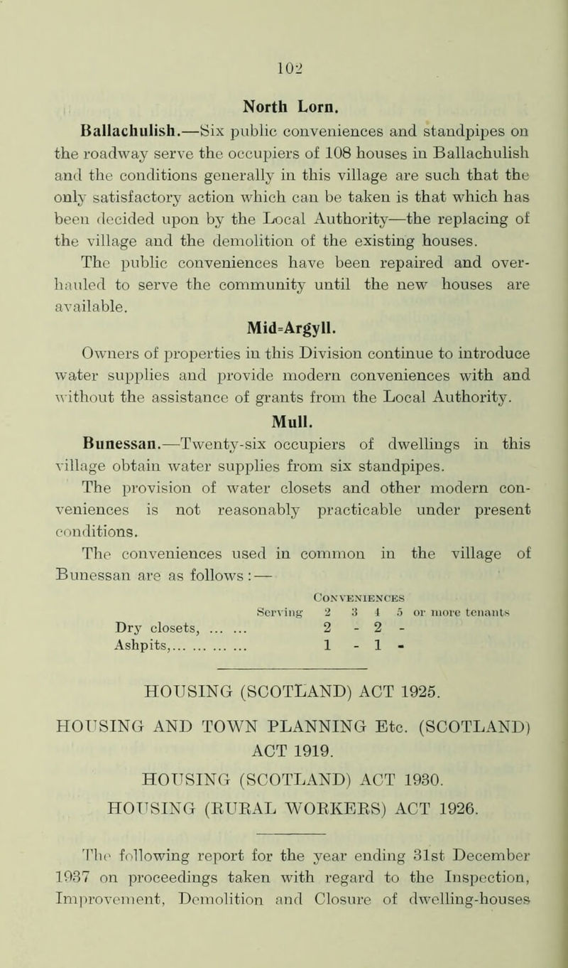North Lorn. Ballachulish.—Six public conveniences and standpipes on the roadway serve the occupiers of 108 houses in Ballachulish and the conditions generally in this village are such that the only satisfactory action which can be taken is that which has been decided upon by the Local Authority—the replacing of the village and the demolition of the existing houses. The public conveniences have been repaired and over- hauled to serve the community until the new houses are available. Mid=Argyll. Owners of properties in this Division continue to introduce water supplies and provide modern conveniences with and without the assistance of grants from the Local Authority. Mull. Bunessan.—Twenty-six occupiers of dwellings in this village obtain water supplies from six standpipes. The provision of water closets and other modern con- veniences is not reasonably practicable under present conditions. The conveniences used in common in the village of Bunessan are as follows: — Conveniences Serving 2 3 4 5 or more tenants Dry closets, 2 - 2 - Ashpits, 1 - 1 - HOUSING (SCOTLAND) ACT 1925. HOUSING AND TOWN PLANNING Etc. (SCOTLAND) ACT 1919. HOUSING (SCOTLAND) ACT 1980. HOUSING (RURAL WORKERS) ACT 1926. The following report for the year ending 31st- December 1937 on proceedings taken with regard to the Inspection, Improvement, Demolition and Closure of dwelling-houses