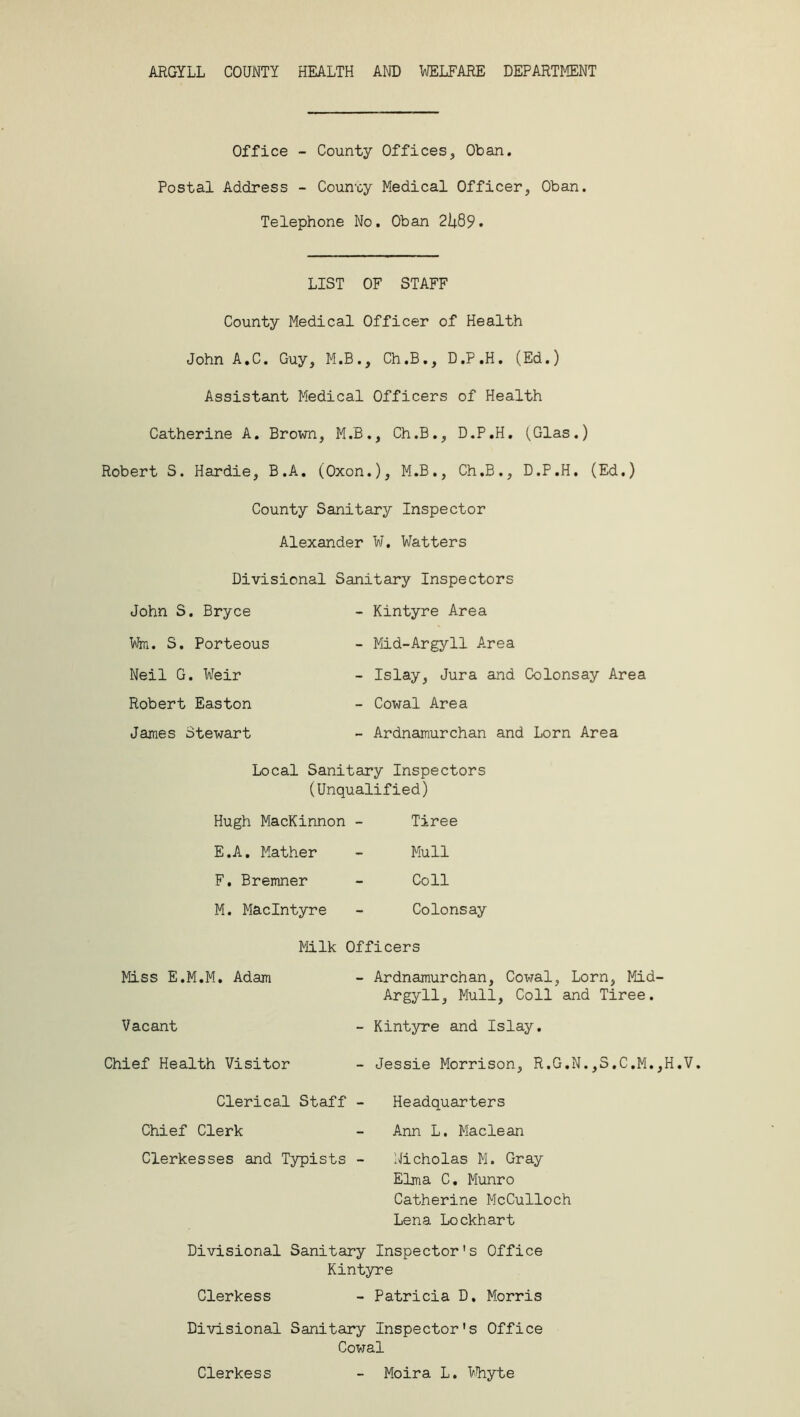 ARGYLL COUNTY HEALTH AND WELFARE DEPARTMENT Office - County Offices, Oban. Postal Address - County Medical Officer, Oban. Telephone No. Oban 21*89• LIST OF STAFF County Medical Officer of Health John A.C. Guy, M.B., Ch.B., D.P.H. (Ed.) Assistant Medical Officers of Health Catherine A. Brown, M.B., Ch.B., D.P.H. (Glas.) Robert S. Hardie, B.A. (Oxon.), M.B., Ch.B., D.P.H. (Ed.) County Sanitary Inspector Alexander W. Watters Divisional Sanitary Inspectors John S. Bryce - Kintyre Area Wm. S. Porteous - Mid-Argyll Area Neil G. Weir - Islay, Jura and Colonsay Area Robert Easton - Cowal Area James Stewart - Ardnamurchan and Lorn Area Local Sanitary Inspectors (Unqualified) Hugh MacKinnon - E. A. Mather F. Bremner M. MacIntyre Tiree Mull Coll Colonsay Milk Officers Miss E.M.M. Adam - Ardnamurchan, Cowal, Lorn, Mid- Argyll, Mull, Coll and Tiree. Vacant - Kintyre and Islay. Chief Health Visitor - Jessie Morrison, R.G.N.,S.C.M.,H.V. Clerical Staff - Headquarters Chief Clerk - Ann L. Maclean Clerkesses and Typists - Nicholas M. Gray Elma C. Munro Catherine McCulloch Lena Lockhart Divisional Sanitary Inspector's Office Kintyre Clerkess - Patricia D. Morris Divisional Sanitary Inspector's Office Cowal Clerkess Moira L. Whyte