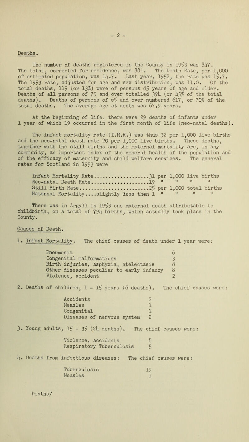 2 Deaths. The number of deaths registered in the County in 1993 was 81±7 . The total, corrected for residence, was 881. The Death Rate, per 1,000 of estimated population, was 11+.7. Last year, 1992, the rate was 19.7 . The 1993 rate, adjusted for age and sex distribution, was 11.0. Of the total deaths, 119 (or 13$) were of persons 89 years of age and older. Deaths of all persons of 79 and over totalled 39U (or U9$ of the total deaths). Deaths of persons of 69 and over numbered 617, or 70$ of the total deaths. The average age at death was 67.9 years. At the beginning of life, there were 29 deaths of infants under 1 year of which 19 occurred in the first month of life (neo-natal deaths). The infant mortality rate (I.M.R.) was thus 32 per 1,000 live births and the neo-natal death rate 20 per 1,000 live births. These deaths, together with the still births and the maternal mortality are, in any community, an important index of the general health of the population and of the efficacy of maternity and child welfare services. The general rates for Scotland in 1993 were Infant Mortality Rate... 31 per 1,000 live births Neo-natal Death Rate.... 19   ”  Still Birth Rate..... 29 per 1,000 total births Maternal Mortality....slightly less than 1     There was in Argyll in 1993 one maternal death attributable to childbirth, on a total of 79b births, which actually took place in the County. Causes of Death. 1. Infant Mortality. The chief causes of death under 1 year were: 2. Deaths of children, 1 - 19 years (6 deaths). The chief causes were: Pneumonia Congenital malformations Birth injuries, asphyxia, atelectasis Other diseases peculiar to early infancy Violence, accident 6 3 8 8 2 Accidents Measles Congenital Diseases of nervous system 2 1 1 2 3. Young adults, 19 - 39 {2k deaths). The chief causes were: Violence, accidents Respiratory Tuberculosis 8 9 U. Deaths from infectious diseases: The chief causes were: Tuberculosis Measles 19 1