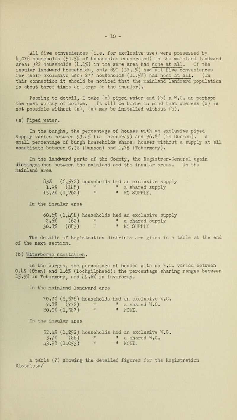 10 - All five conveniences (i.e. for exclusive use) were possessed by U^078 households ($1,5% of households enumerated) in the mainland landward area; 322 households (14.1$) in the same area had none at all. Of the insular landward households, only 89O (37.If) had all five conveniences for their exclusive use; 277 households (11.5$) had none at all. (In this connection it should be noticed that the mainland landward population is about three times as large as the insular). Passing to detail, I take (a) piped water and (b) a W.C. as perhaps the most worthy of notice. It will be borne in mind that whereas (b) is not possible without (a), (a) may be installed without (b). (a) Piped water. In the burghs, the percentage of houses with an exclusive piped supply varies between 93.h% (in Inveraray) and 96.8$ (in Dunoon). A small percentage of burgh households share; houses without a supply at all constitute between 0,3$ (Dunoon) and 1.7$ (Tobermory). In the landward parts of the County, the Registrar-General again distinguishes between the mainland and the insular areas. In the mainland area 83% (6,£72) households had an exclusive supply 1,9% (lij.8) ”  a shared supply 15.2$ (1,202)   NO SUPPLY. In the insular area 60,6% (1,U5^) households had an exclusive supply 2.6$ (62) 11 a shared supply 36.8$ (883)   NO SUPPLY The details of Registration Districts are given in a table at the end of the next section. (b) Waterborne sanitation. In the burghs, the percentage of houses with no W.C. varied between 0,k% (Oban) and 1.6$ (Lochgilphead); the percentage sharing ranges between 15.9$ in Tobermory, and 1*9.6$ in Inveraray. In the mainland landward area 70.2$ (£,£76) households 9.8$ (772)  20.0$ (1,587)  had an exclusive W.C.  a shared W.C.  NONE. In the insular area 52.k% (1,252) households 3.7$ (88)  k3-9% (1,053)  had an exclusive W.C.  a shared W.C. ,r NONE. A table (7) showing the detailed figures for the Registration Districts/