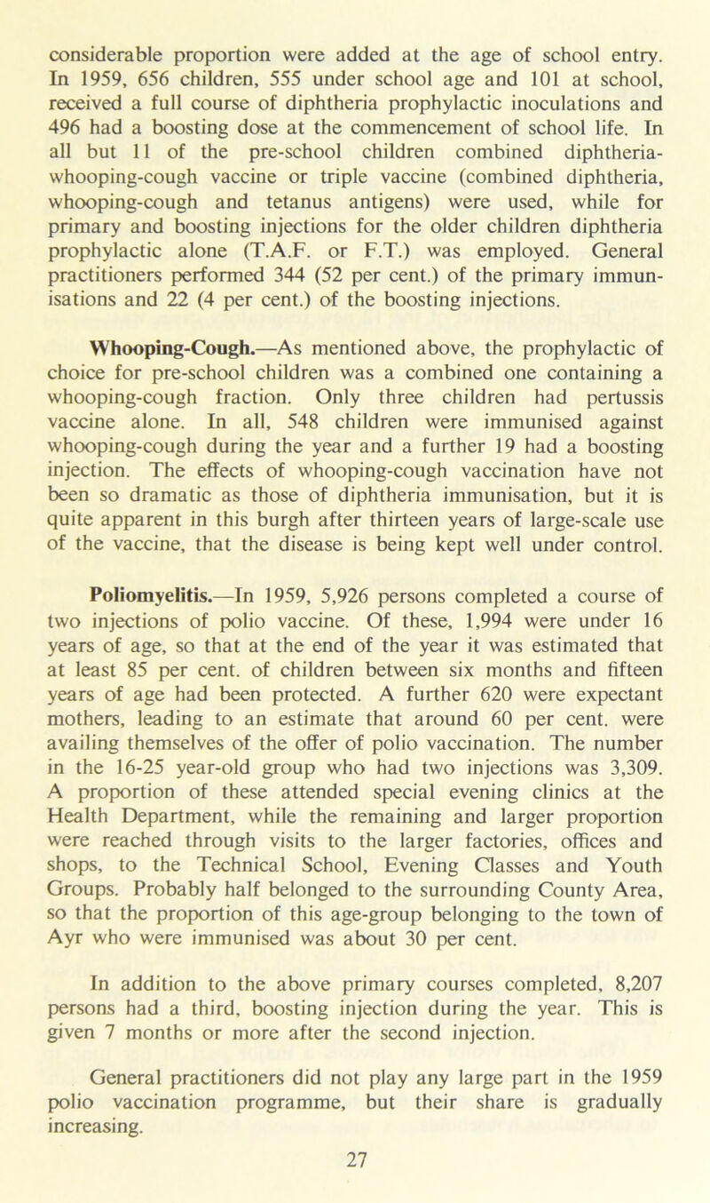 considerable proportion were added at the age of school entry. In 1959, 656 children, 555 under school age and 101 at school, received a full course of diphtheria prophylactic inoculations and 496 had a boosting dose at the commencement of school life. In all but 11 of the pre-school children combined diphtheria- whooping-cough vaccine or triple vaccine (combined diphtheria, whooping-cough and tetanus antigens) were used, while for primary and boosting injections for the older children diphtheria prophylactic alone (T.A.F. or F.T.) was employed. General practitioners performed 344 (52 per cent.) of the primary immun- isations and 22 (4 per cent.) of the boosting injections. Whooping-Cough.—As mentioned above, the prophylactic of choice for pre-school children was a combined one containing a whooping-cough fraction. Only three children had pertussis vaccine alone. In all, 548 children were immunised against whooping-cough during the year and a further 19 had a boosting injection. The effects of whooping-cough vaccination have not been so dramatic as those of diphtheria immunisation, but it is quite apparent in this burgh after thirteen years of large-scale use of the vaccine, that the disease is being kept well under control. Poliomyelitis.—In 1959, 5,926 persons completed a course of two injections of polio vaccine. Of these, 1,994 were under 16 years of age, so that at the end of the year it was estimated that at least 85 per cent, of children between six months and fifteen years of age had been protected. A further 620 were expectant mothers, leading to an estimate that around 60 per cent, were availing themselves of the offer of polio vaccination. The number in the 16-25 year-old group who had two injections was 3,309. A proportion of these attended special evening clinics at the Health Department, while the remaining and larger proportion were reached through visits to the larger factories, offices and shops, to the Technical School, Evening Classes and Youth Groups. Probably half belonged to the surrounding County Area, so that the proportion of this age-group belonging to the town of Ayr who were immunised was about 30 per cent. In addition to the above primary courses completed, 8,207 persons had a third, boosting injection during the year. This is given 7 months or more after the second injection. General practitioners did not play any large part in the 1959 polio vaccination programme, but their share is gradually increasing.